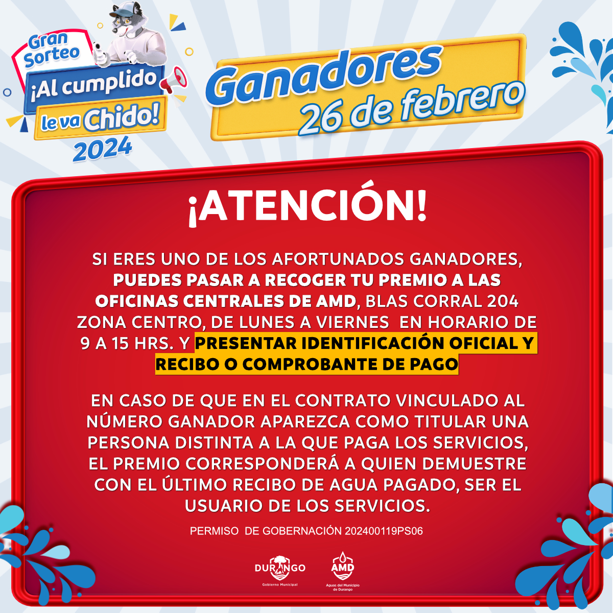 Lista de ganadores del Segundo Gran Sorteo “Al Cumplido le va Chido 2024”. Aguas del Municipio de Durango